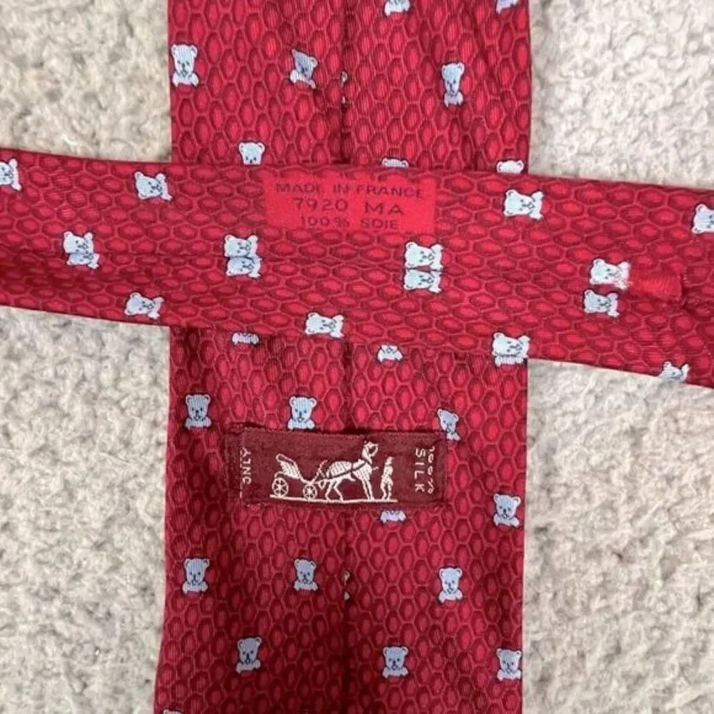 HERMES MENS SILK TIE RED WITH LITTLE BEARS 🐻 DESIGN ON IT